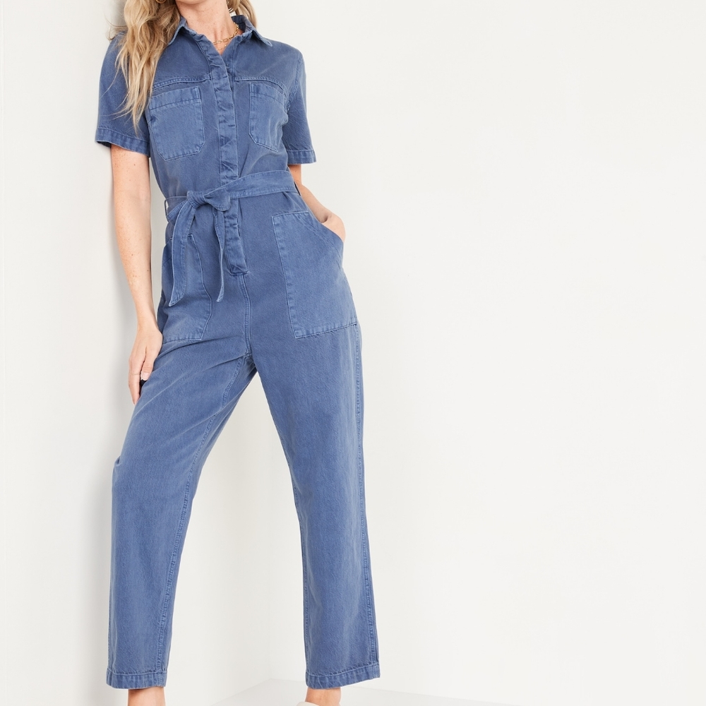 Old Navy Short-Sleeve Cropped Tie-Belt Utility Non-Stretch Jean Jumpsuit